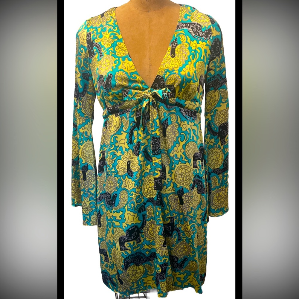 Alice & Trixie Silk Dress Animal Safari Print Vintage Kimono Sleeves Y2K Blue S